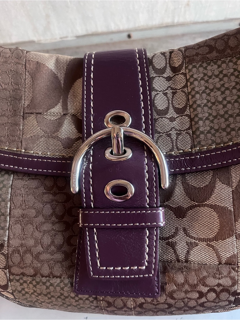 Coach Brown Signature Patchwork Shoulder Bag with Purple Trim - Picture 12 of 12